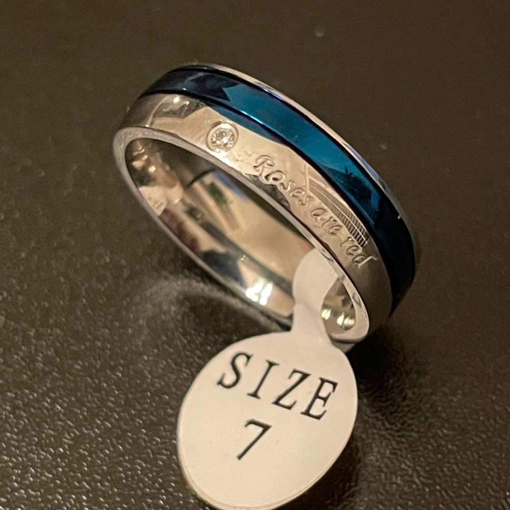 Roses are red blue silver titanium ring size 7